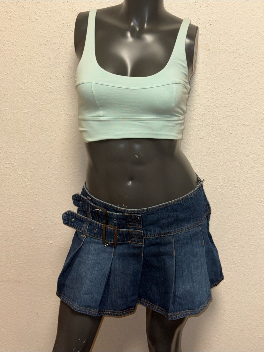BDG Dark Blue Denim Pleated Mini Skirt with Double Belts